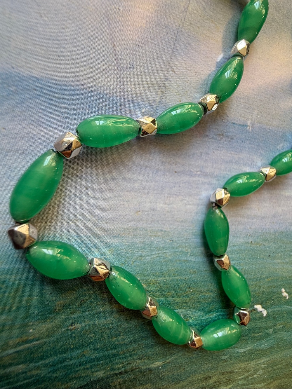 Vtg Sterling Silver Green Art Glass Bead Necklace 15" - Picture 5 of 10